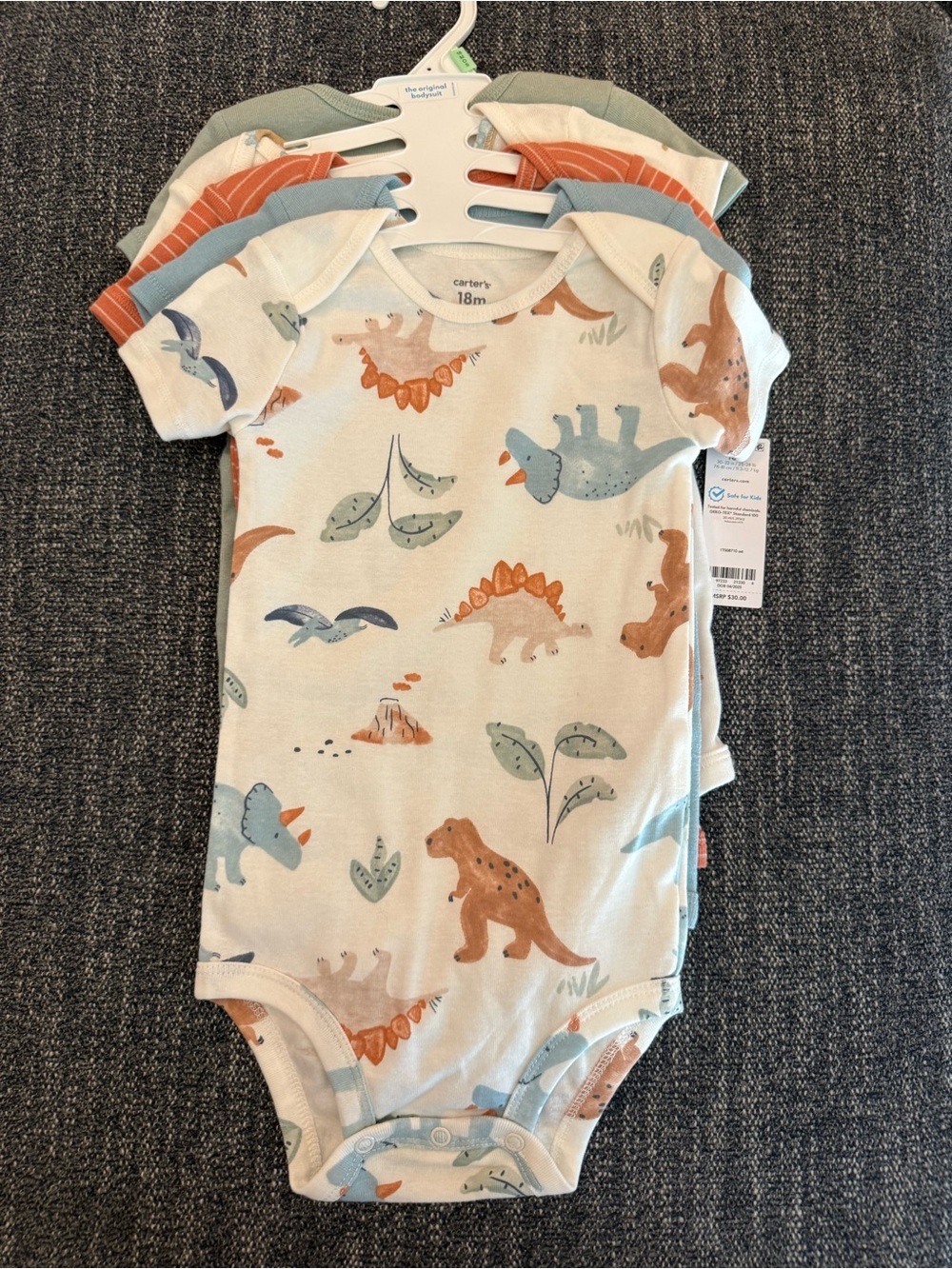 Carter's Dino Print Short-Sleeve One-Piece Bodysuit - Blue/Orange size 18mo NWT